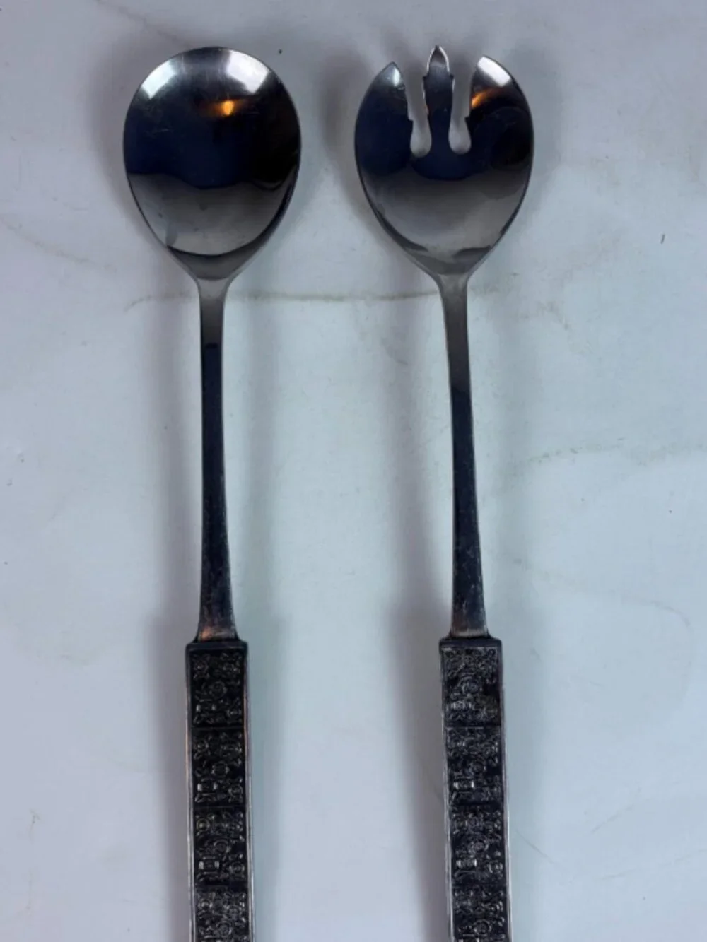 Vintage Stanley Roberts Stainless Japan Salad Serving Set MCM Floral Flatware